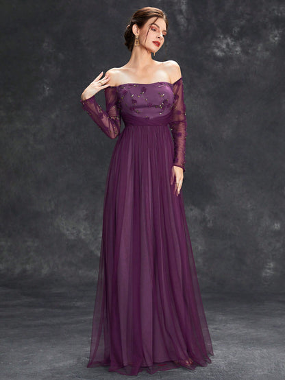 Off Shoulder Floral Embroidery Mesh Formal Dress Elegant Long Sleeve Prom Evening Wedding Guest Gown, For Graduation, Dinner