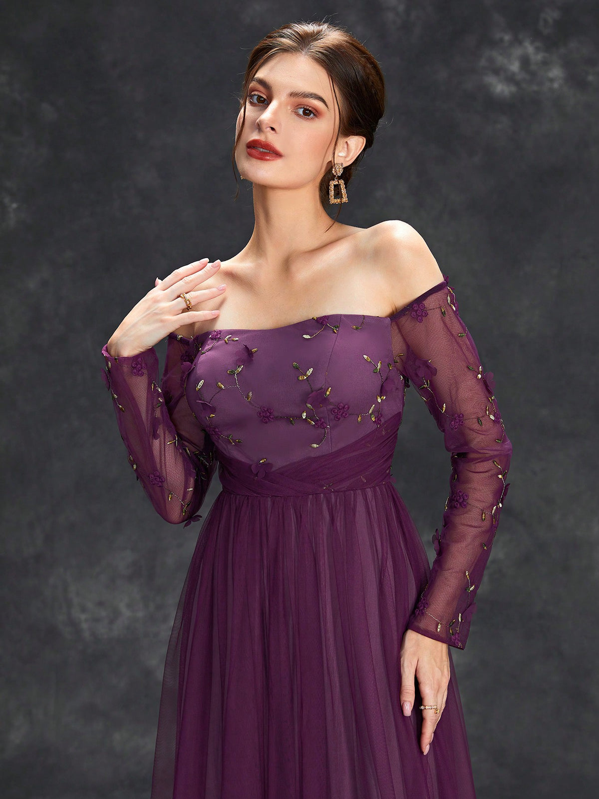 Off Shoulder Floral Embroidery Mesh Formal Dress Elegant Long Sleeve Prom Evening Wedding Guest Gown, For Graduation, Dinner
