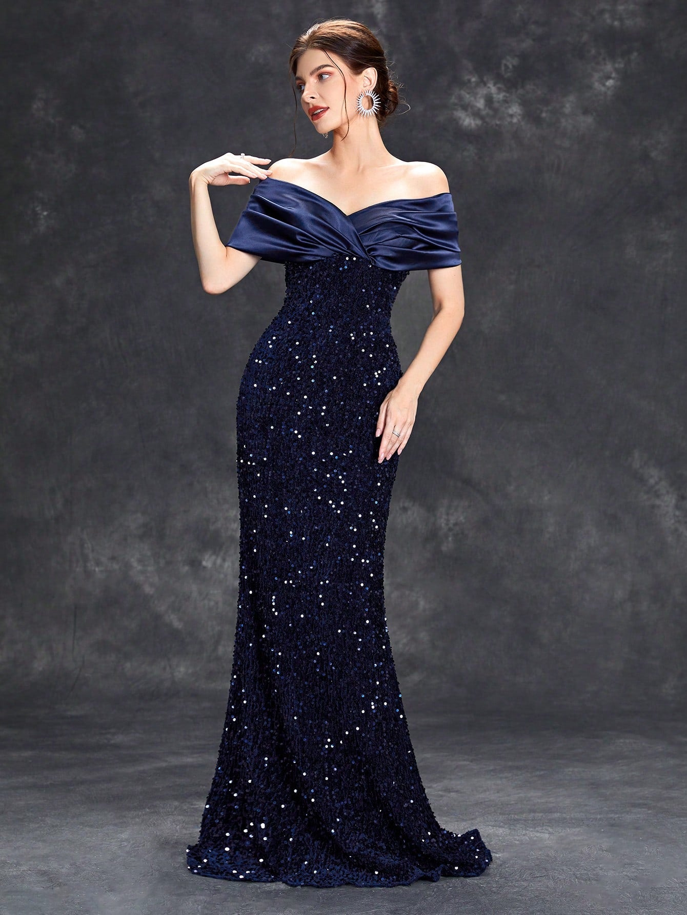 Sequin Patchwork Off Shoulder Formal Dress, Mermaid Style Elegant Evening Gown, Suitable For Weddings, Graduations, Galas And Other Formal Occasions