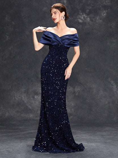 Sequin Patchwork Off Shoulder Formal Dress, Mermaid Style Elegant Evening Gown, Suitable For Weddings, Graduations, Galas And Other Formal Occasions