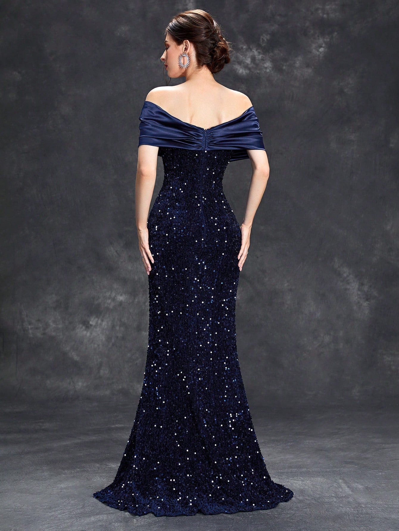 Sequin Patchwork Off Shoulder Formal Dress, Mermaid Style Elegant Evening Gown, Suitable For Weddings, Graduations, Galas And Other Formal Occasions