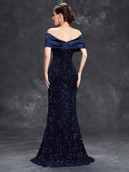 Sequin Patchwork Off Shoulder Formal Dress, Mermaid Style Elegant Evening Gown, Suitable For Weddings, Graduations, Galas And Other Formal Occasions