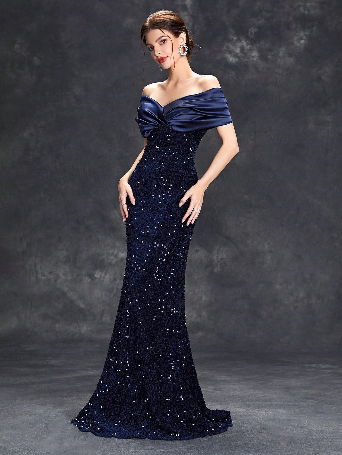 Sequin Patchwork Off Shoulder Formal Dress, Mermaid Style Elegant Evening Gown, Suitable For Weddings, Graduations, Galas And Other Formal Occasions