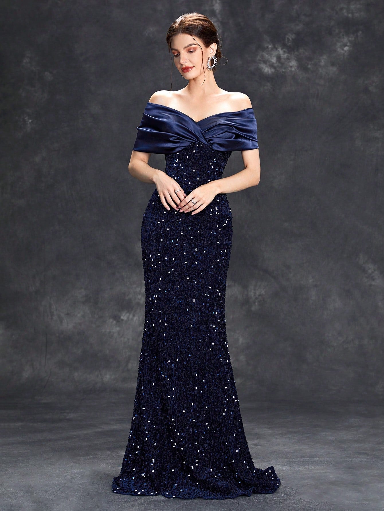 Sequin Patchwork Off Shoulder Formal Dress, Mermaid Style Elegant Evening Gown, Suitable For Weddings, Graduations, Galas And Other Formal Occasions