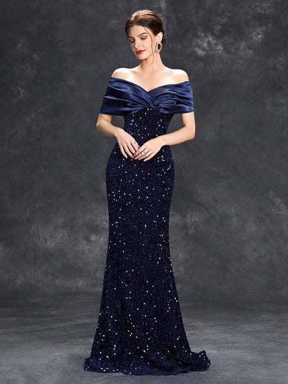 Sequin Patchwork Off Shoulder Formal Dress, Mermaid Style Elegant Evening Gown, Suitable For Weddings, Graduations, Galas And Other Formal Occasions