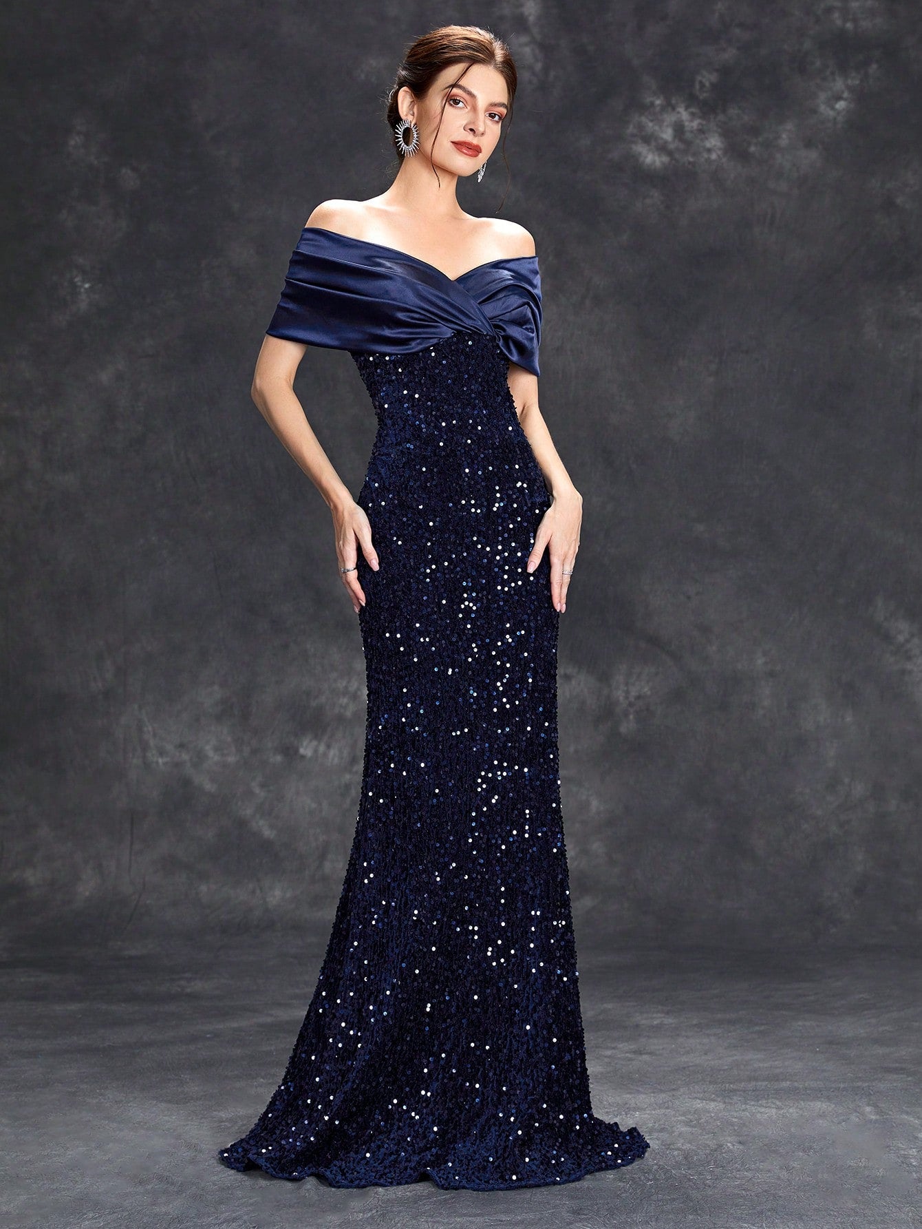 Sequin Patchwork Off Shoulder Formal Dress, Mermaid Style Elegant Evening Gown, Suitable For Weddings, Graduations, Galas And Other Formal Occasions