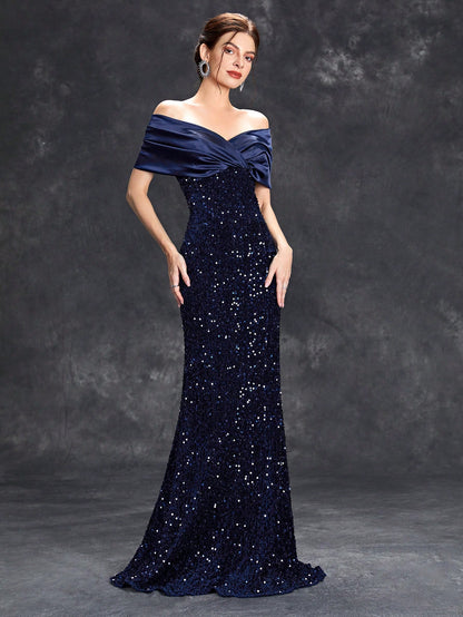 Sequin Patchwork Off Shoulder Formal Dress, Mermaid Style Elegant Evening Gown, Suitable For Weddings, Graduations, Galas And Other Formal Occasions