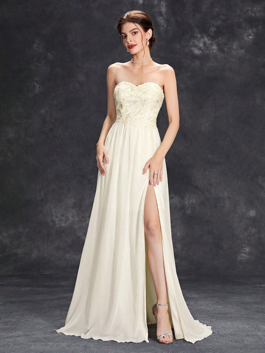 Embroidery Detail Lace-up Back Split Thigh Chiffon Formal Dress