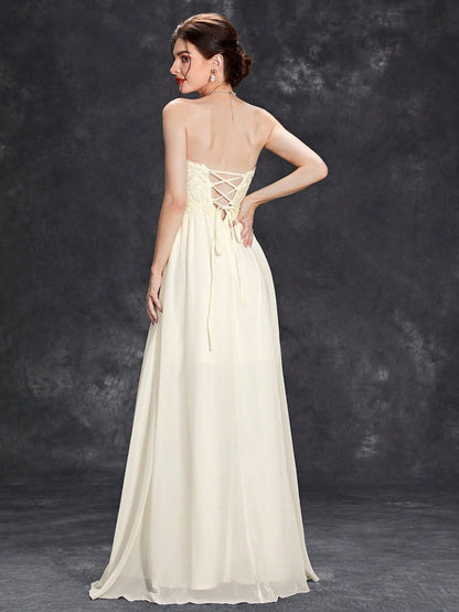 Embroidery Detail Lace-up Back Split Thigh Chiffon Formal Dress