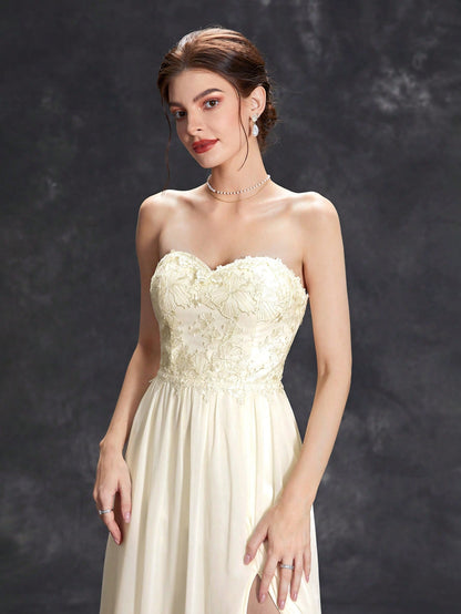 Embroidery Detail Lace-up Back Split Thigh Chiffon Formal Dress