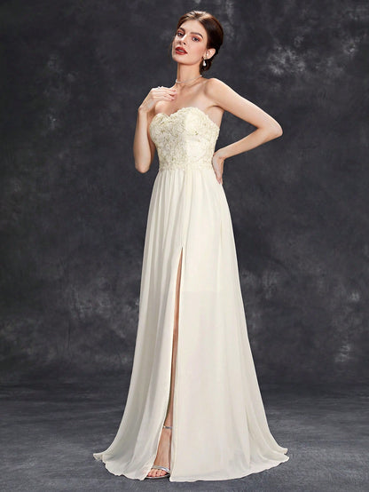 Embroidery Detail Lace-up Back Split Thigh Chiffon Formal Dress