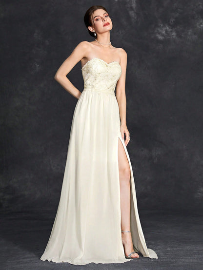 Embroidery Detail Lace-up Back Split Thigh Chiffon Formal Dress