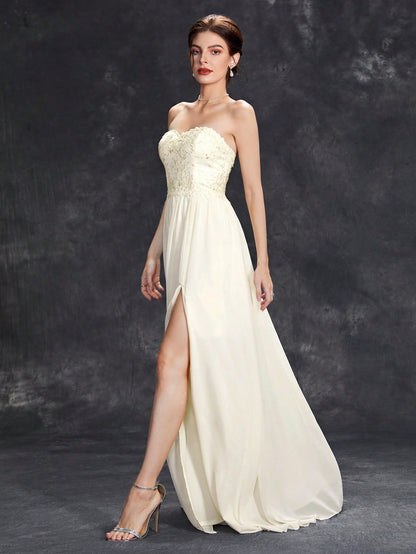 Embroidery Detail Lace-up Back Split Thigh Chiffon Formal Dress