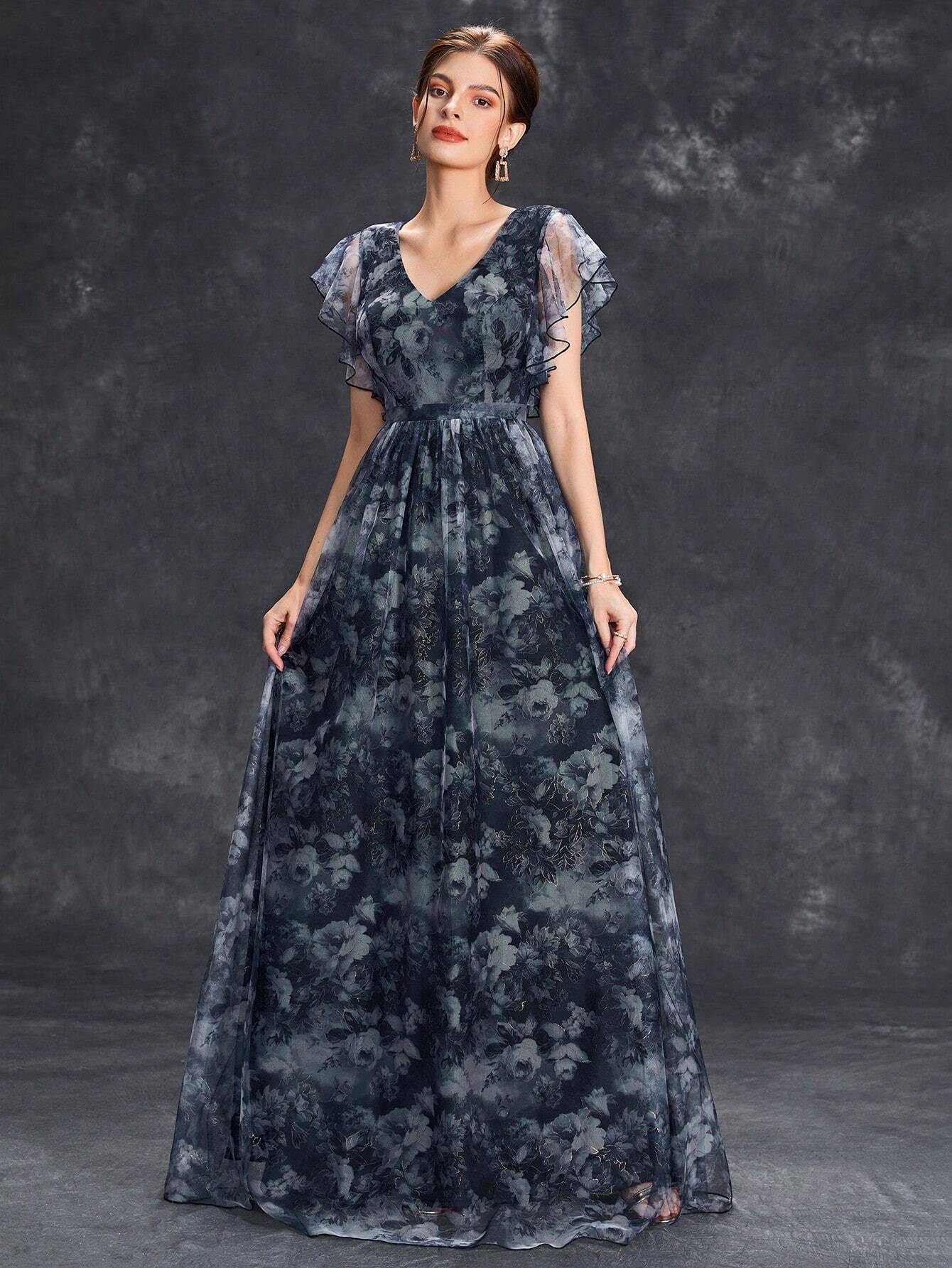Women's Floral Print Butterfly Sleeve Elegant Bride Mother Formal Dress Vacation Wedding