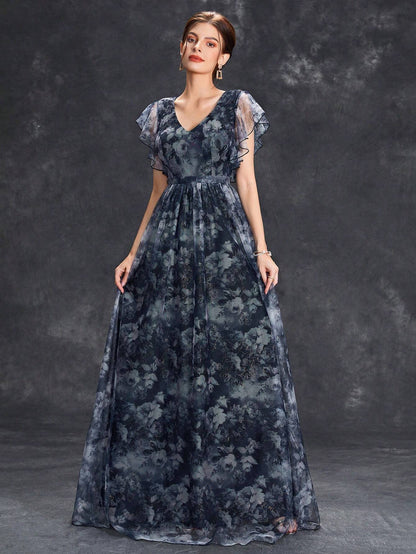 Women's Floral Print Butterfly Sleeve Elegant Bride Mother Formal Dress Vacation Wedding