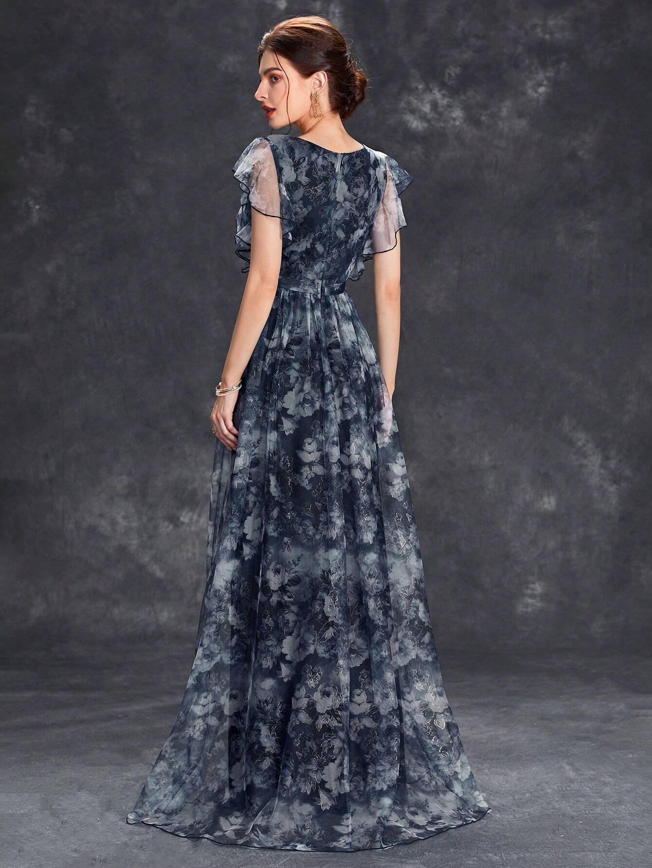 Women's Floral Print Butterfly Sleeve Elegant Bride Mother Formal Dress Vacation Wedding