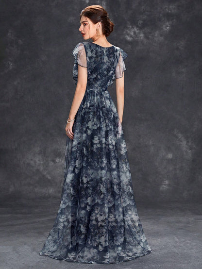 Women's Floral Print Butterfly Sleeve Elegant Bride Mother Formal Dress Vacation Wedding