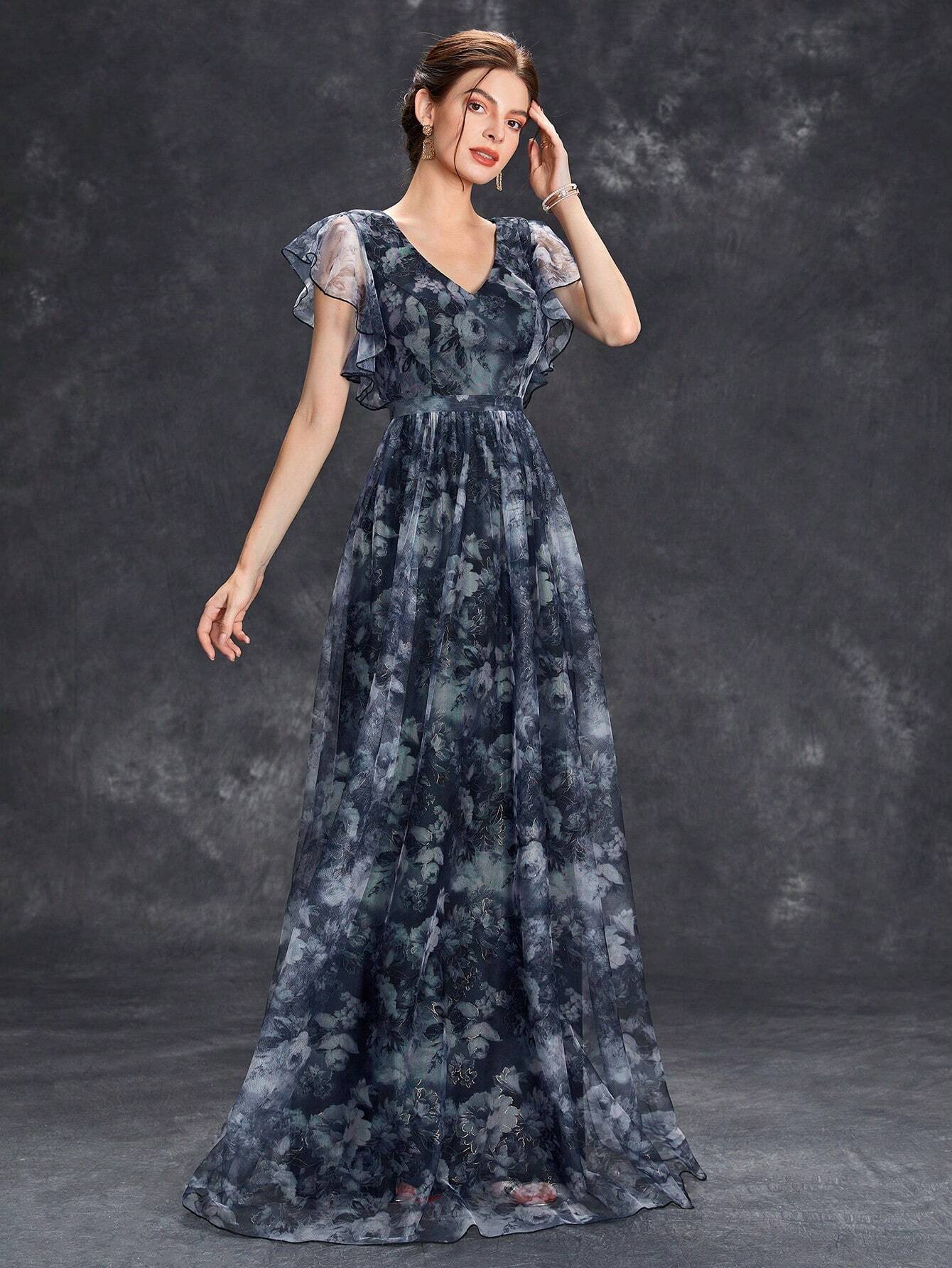 Women's Floral Print Butterfly Sleeve Elegant Bride Mother Formal Dress Vacation Wedding