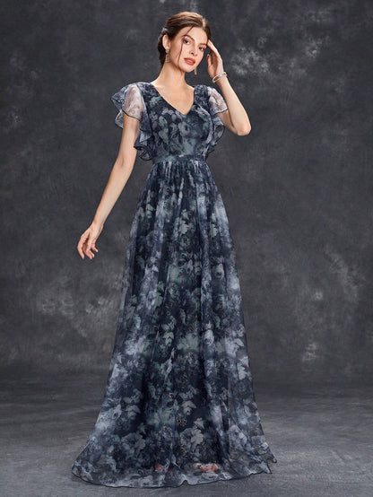 Women's Floral Print Butterfly Sleeve Elegant Bride Mother Formal Dress Vacation Wedding