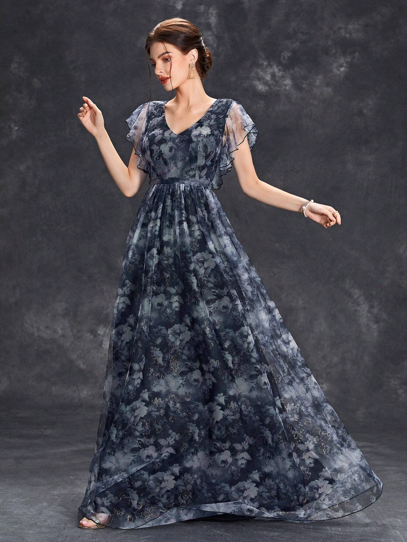 Women's Floral Print Butterfly Sleeve Elegant Bride Mother Formal Dress Vacation Wedding