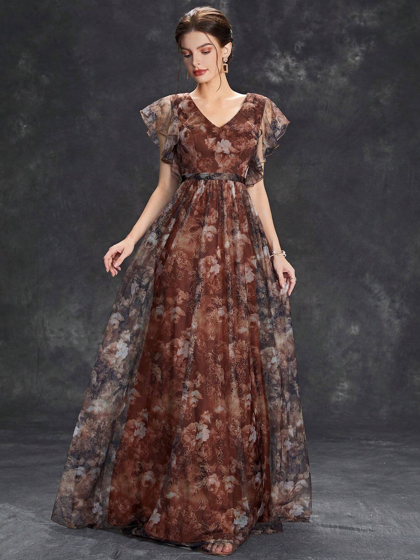 Women's Floral Print Butterfly Sleeve Elegant Bride Mother Formal Dress Vacation Wedding