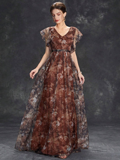 Women's Floral Print Butterfly Sleeve Elegant Bride Mother Formal Dress Vacation Wedding