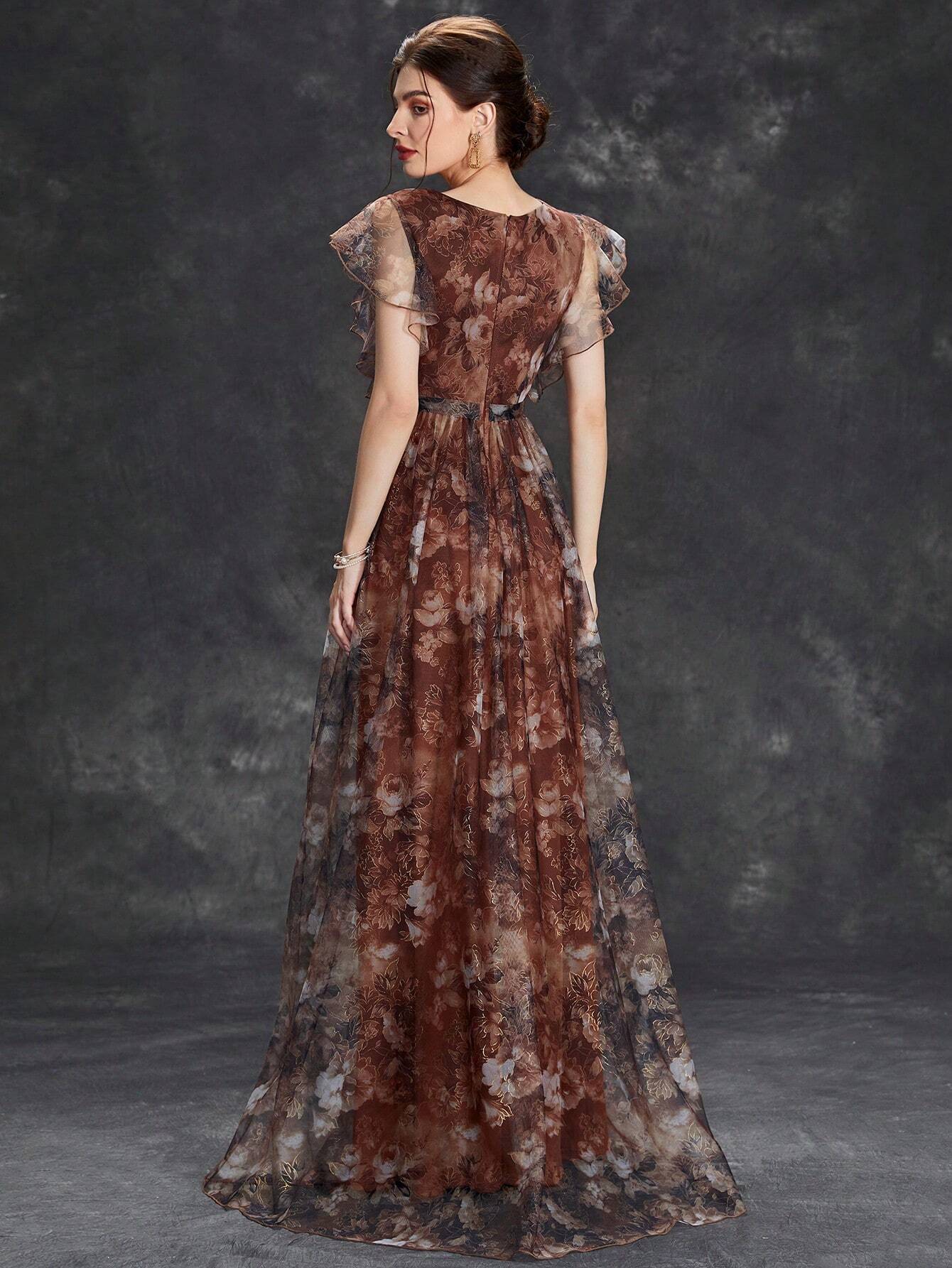 Women's Floral Print Butterfly Sleeve Elegant Bride Mother Formal Dress Vacation Wedding