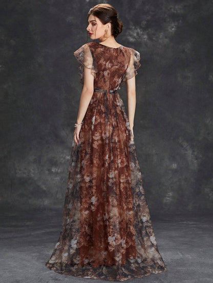 Women's Floral Print Butterfly Sleeve Elegant Bride Mother Formal Dress Vacation Wedding
