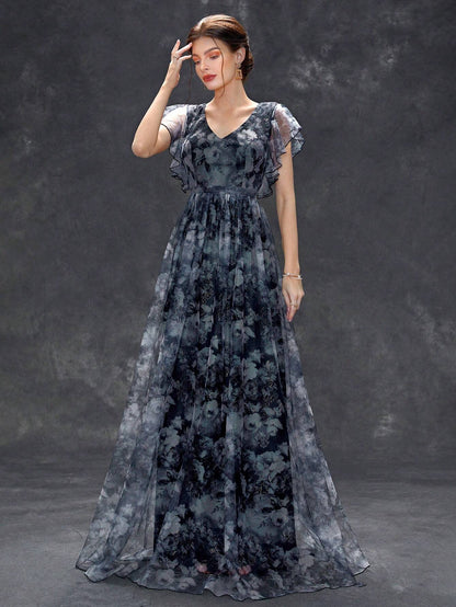 Women's Floral Print Butterfly Sleeve Elegant Bride Mother Formal Dress Vacation Wedding