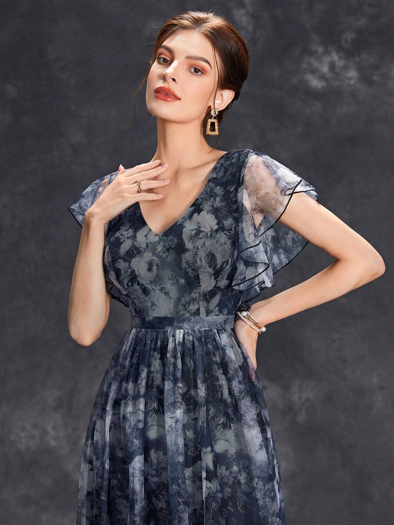 Women's Floral Print Butterfly Sleeve Elegant Bride Mother Formal Dress Vacation Wedding