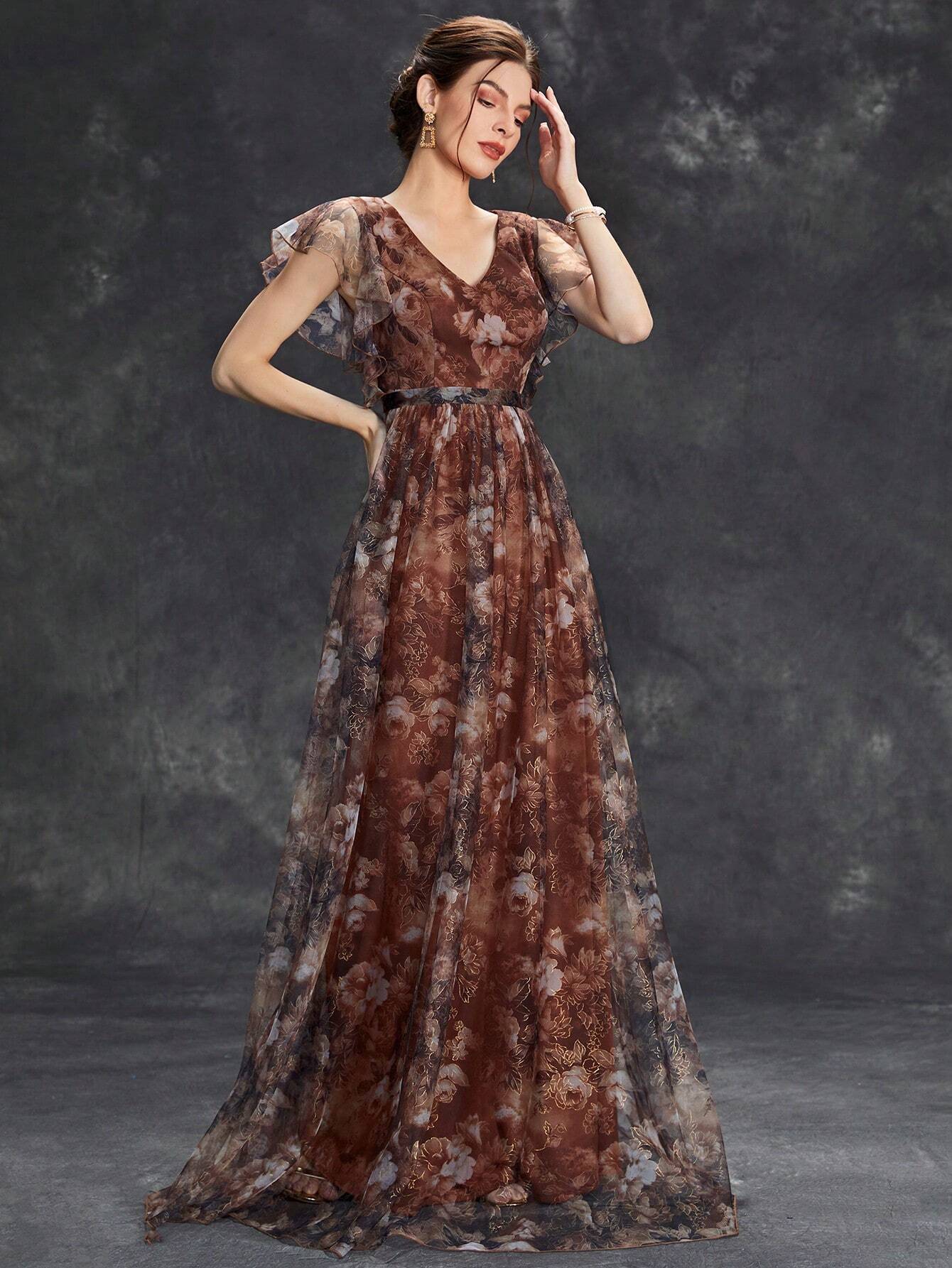 Women's Floral Print Butterfly Sleeve Elegant Bride Mother Formal Dress Vacation Wedding
