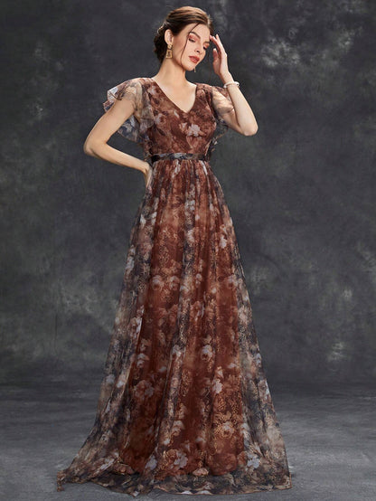 Women's Floral Print Butterfly Sleeve Elegant Bride Mother Formal Dress Vacation Wedding