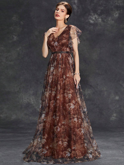 Women's Floral Print Butterfly Sleeve Elegant Bride Mother Formal Dress Vacation Wedding