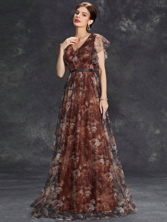Women's Floral Print Butterfly Sleeve Elegant Bride Mother Formal Dress Vacation Wedding