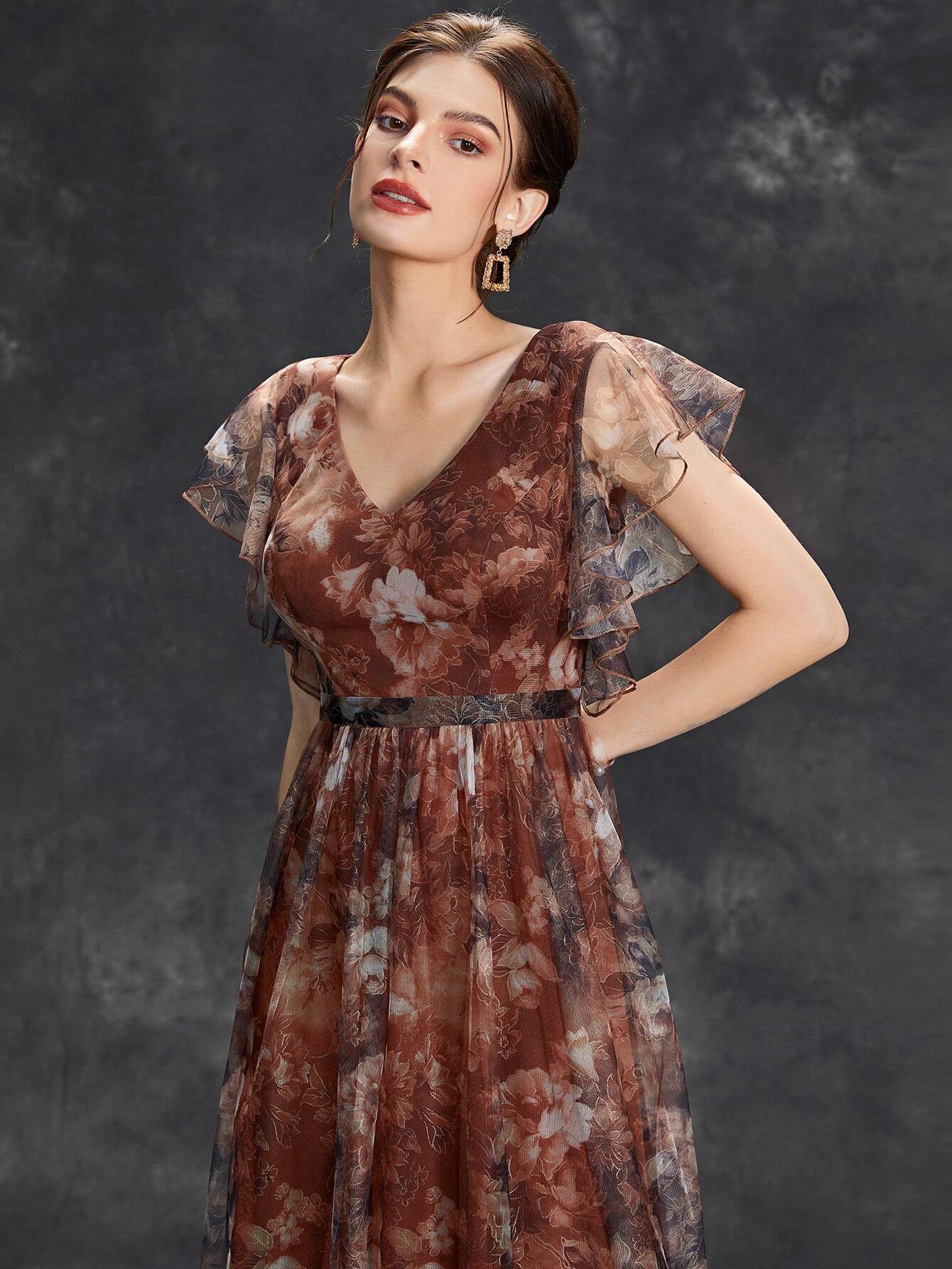 Women's Floral Print Butterfly Sleeve Elegant Bride Mother Formal Dress Vacation Wedding