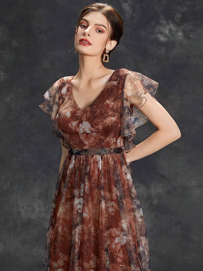 Women's Floral Print Butterfly Sleeve Elegant Bride Mother Formal Dress Vacation Wedding