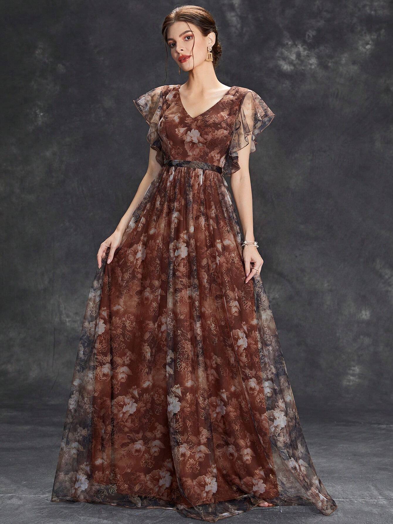 Women's Floral Print Butterfly Sleeve Elegant Bride Mother Formal Dress Vacation Wedding