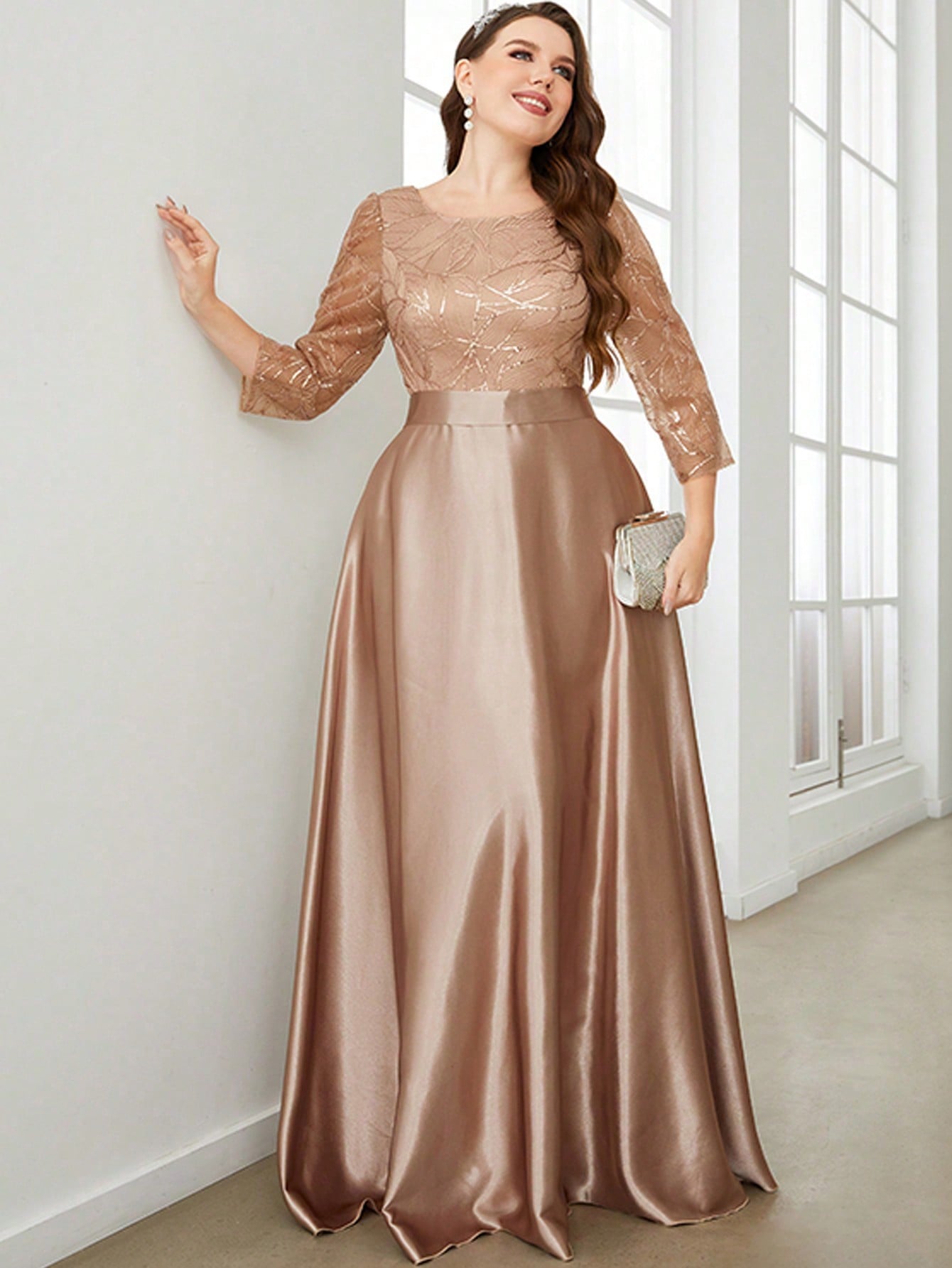 Plus Size Long Sleeve Round Neck Sequin & Satin Patchwork Maxi Length Dress, Formal, Party Dress, Gown, For Evening, Wedding Guest Spring