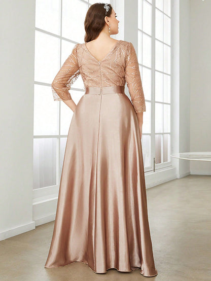 Plus Size Long Sleeve Round Neck Sequin & Satin Patchwork Maxi Length Dress, Formal, Party Dress, Gown, For Evening, Wedding Guest Spring