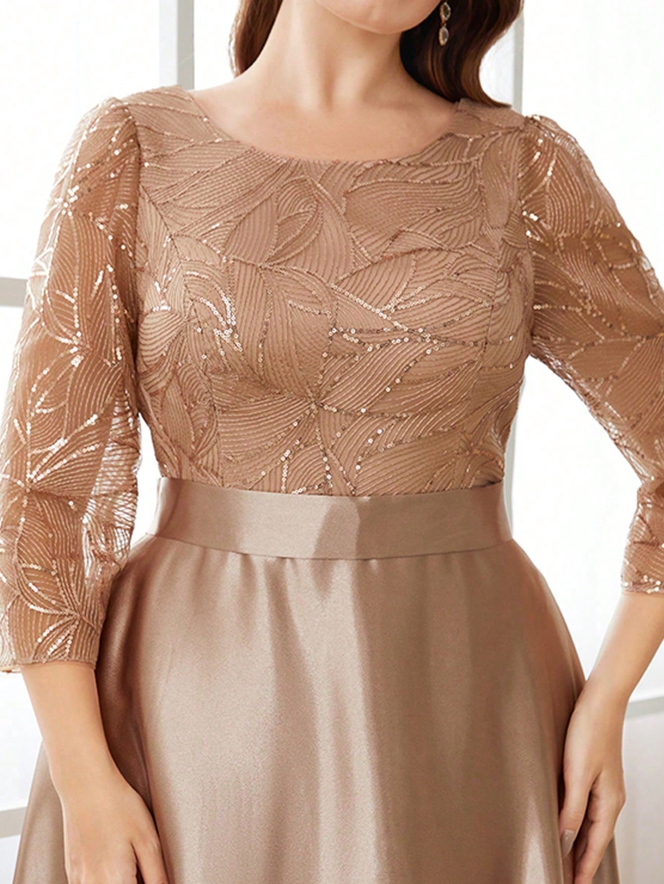 Plus Size Long Sleeve Round Neck Sequin & Satin Patchwork Maxi Length Dress, Formal, Party Dress, Gown, For Evening, Wedding Guest Spring