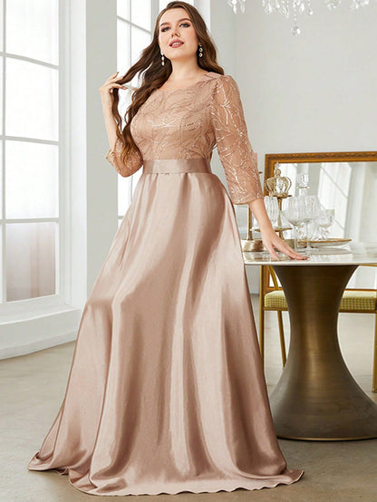 Plus Size Long Sleeve Round Neck Sequin & Satin Patchwork Maxi Length Dress, Formal, Party Dress, Gown, For Evening, Wedding Guest Spring