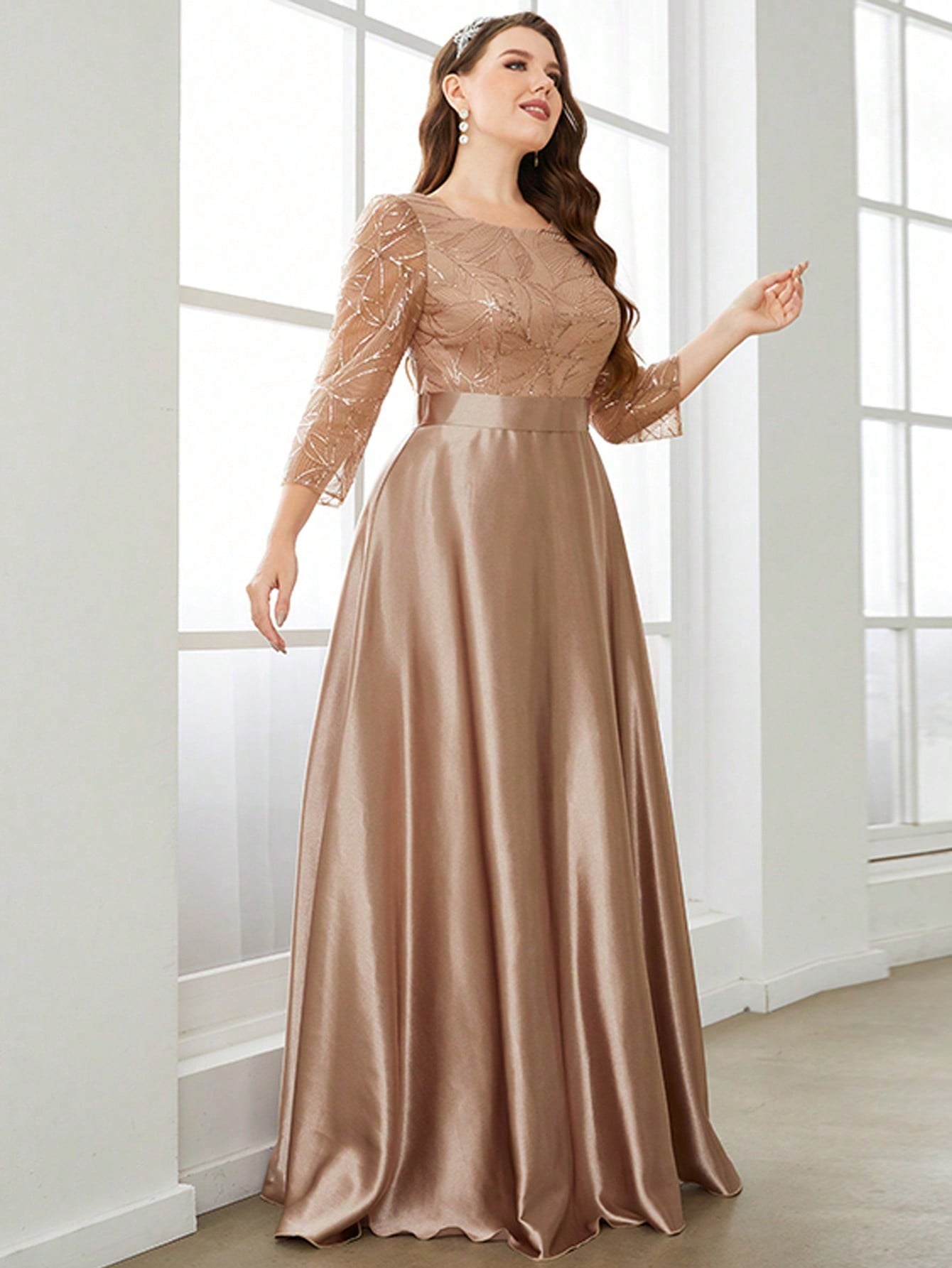 Plus Size Long Sleeve Round Neck Sequin & Satin Patchwork Maxi Length Dress, Formal, Party Dress, Gown, For Evening, Wedding Guest Spring
