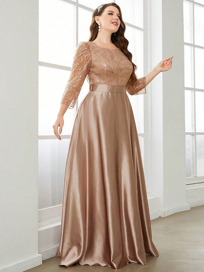 Plus Size Long Sleeve Round Neck Sequin & Satin Patchwork Maxi Length Dress, Formal, Party Dress, Gown, For Evening, Wedding Guest Spring