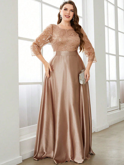 Plus Size Long Sleeve Round Neck Sequin & Satin Patchwork Maxi Length Dress, Formal, Party Dress, Gown, For Evening, Wedding Guest Spring