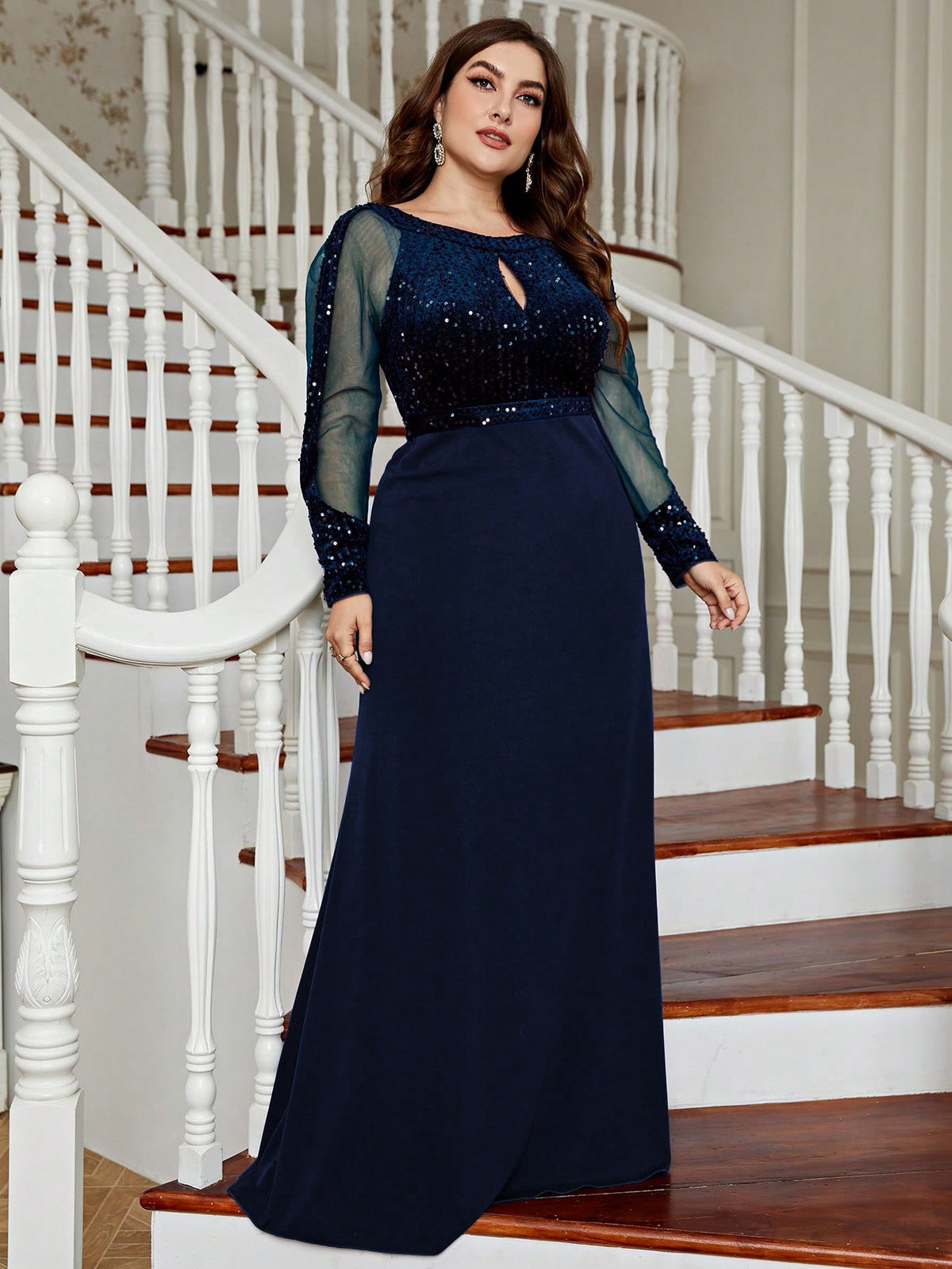 Plus Size Women's Shiny Mesh Evening Gown, Sequin Mermaid Style, Suitable For Wedding Guests, Formal Occasions