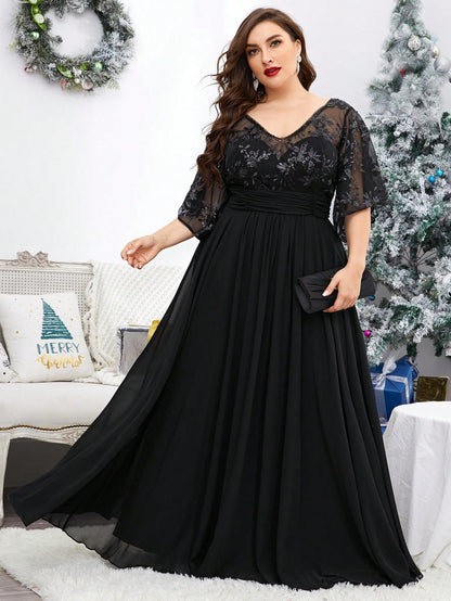 Plus Size V-Neck Sequin Embroidered Sheer Bell Sleeve Patchwork Chiffon Dress, Formal Evening Prom Dress, For Wedding Guest, Graduation, Dinner, Party Dress,Gown Spring Vacation