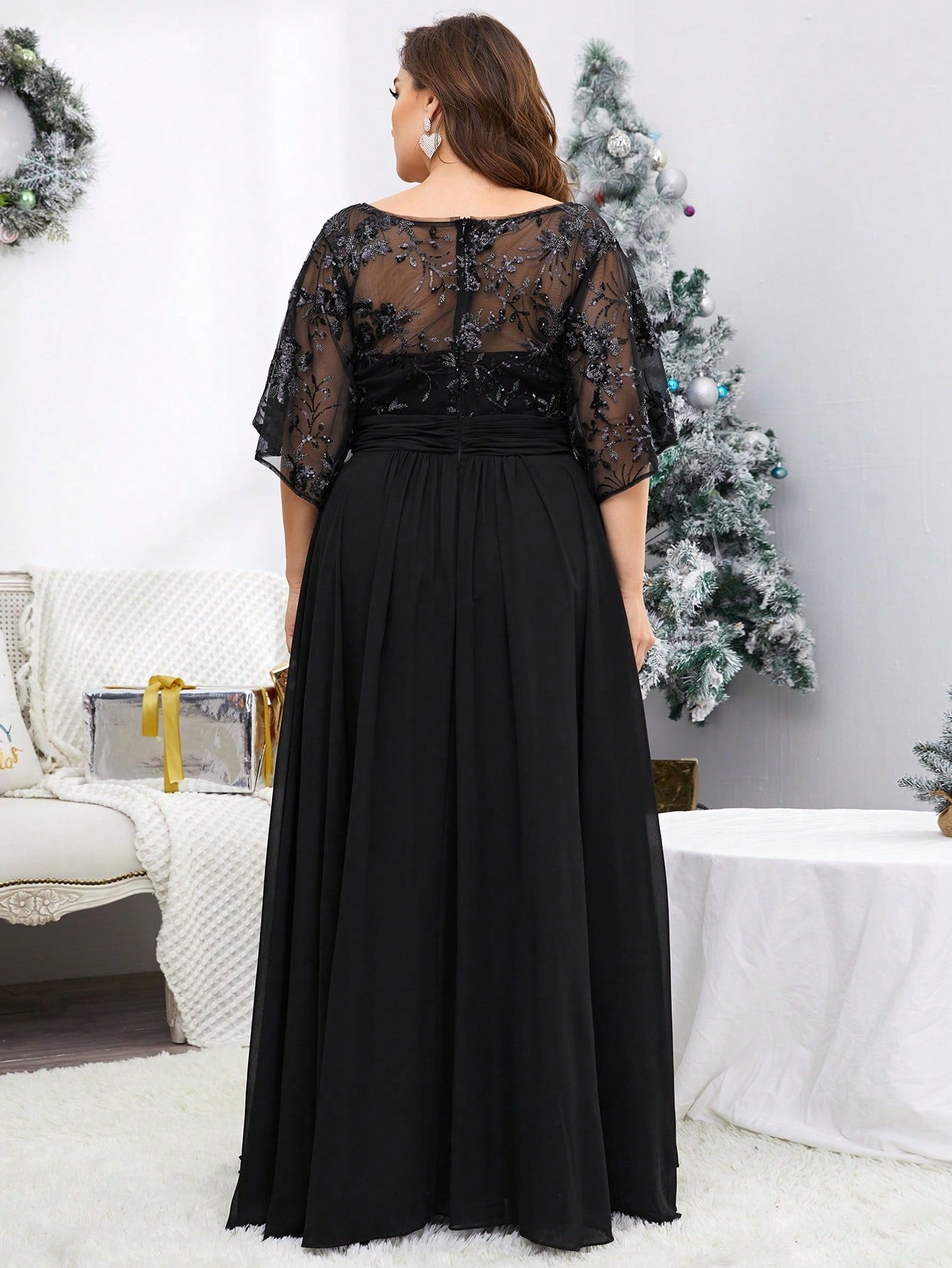 Plus Size V-Neck Sequin Embroidered Sheer Bell Sleeve Patchwork Chiffon Dress, Formal Evening Prom Dress, For Wedding Guest, Graduation, Dinner, Party Dress,Gown Spring Vacation