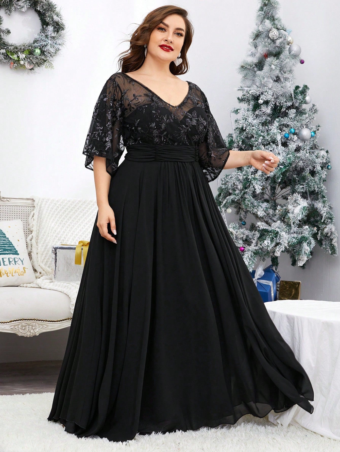 Plus Size V-Neck Sequin Embroidered Sheer Bell Sleeve Patchwork Chiffon Dress, Formal Evening Prom Dress, For Wedding Guest, Graduation, Dinner, Party Dress,Gown Spring Vacation