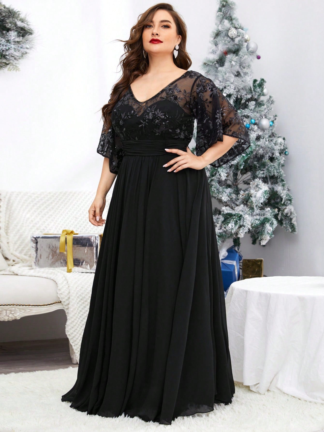 Plus Size V-Neck Sequin Embroidered Sheer Bell Sleeve Patchwork Chiffon Dress, Formal Evening Prom Dress, For Wedding Guest, Graduation, Dinner, Party Dress,Gown Spring Vacation