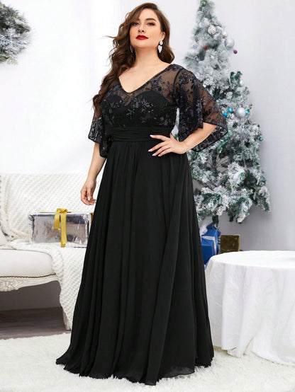 Plus Size V-Neck Sequin Embroidered Sheer Bell Sleeve Patchwork Chiffon Dress, Formal Evening Prom Dress, For Wedding Guest, Graduation, Dinner, Party Dress,Gown Spring Vacation